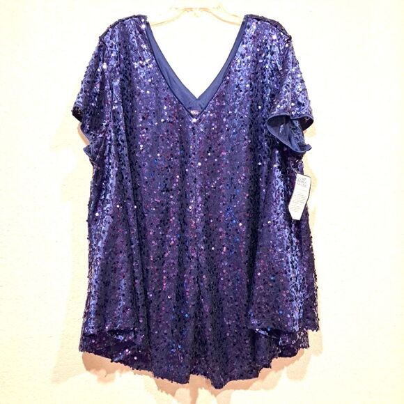 Roaman's royal blue sequin v-neck top blouse shirt women's plus size 30W NWT - Picture 1 of 14